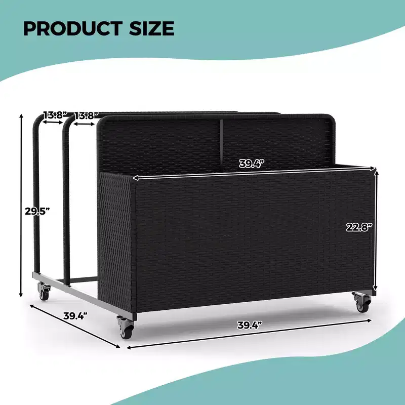 Heavy-Duty Rolling Pool Float Storage Organizer, 2-Compartment PE Rattan Caddy, Waterproof & UV-Resistant with Armrests