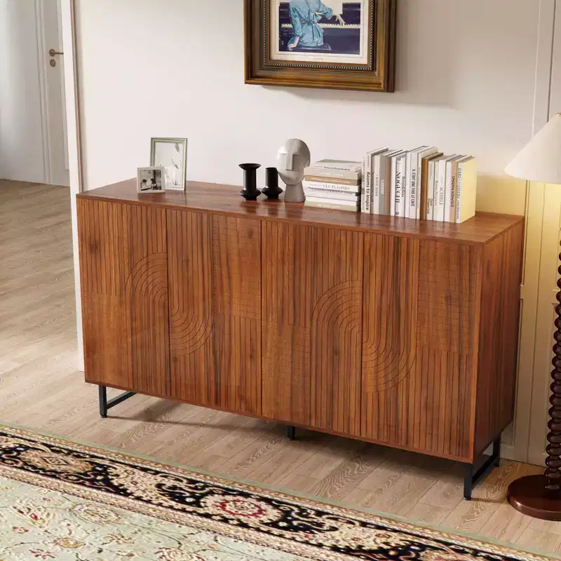 Premium Walnut Mid-Century Sideboard with Geometric Carved Doors