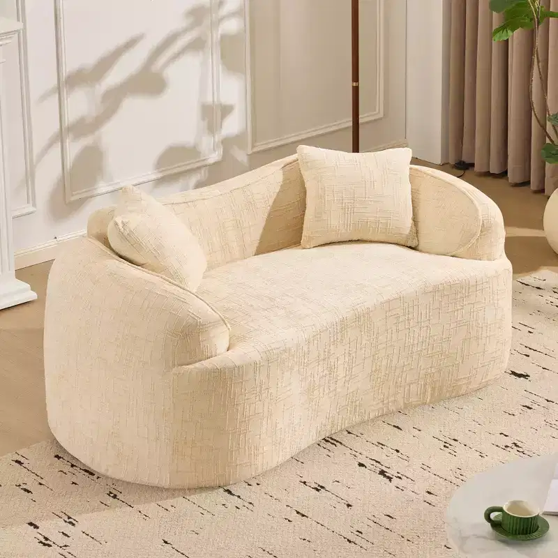 Beige Curved 2-Seat Sofa with Arms & 2 Pillows, Compact Design for Any Room