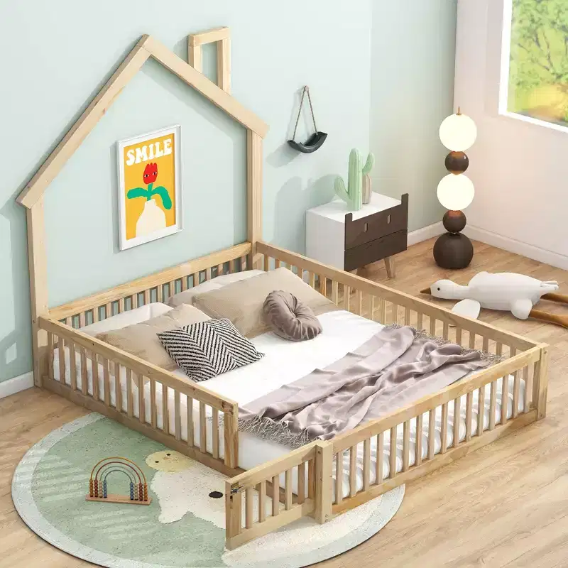 Full Size House Platform Bed with Guardrail for Kids