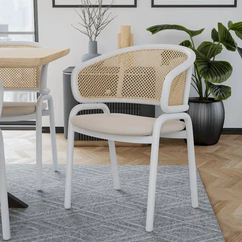Modern Stylish Side Chair with Rattan Back and White Steel Legs for Dining Room & Kitchen