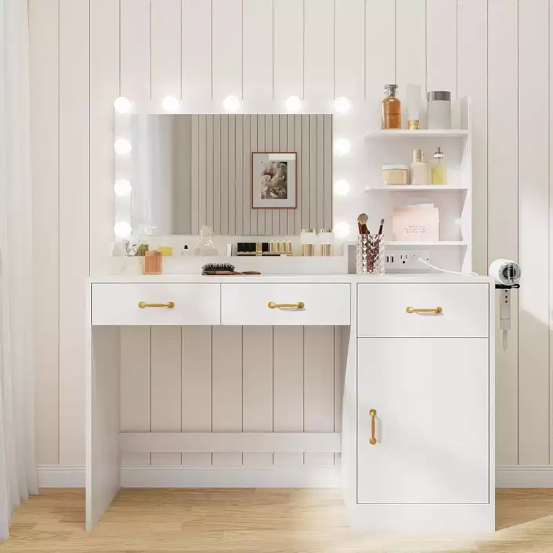 White Vanity Desk with LED Mirror, 3 Drawers & Shelves, 1-Person