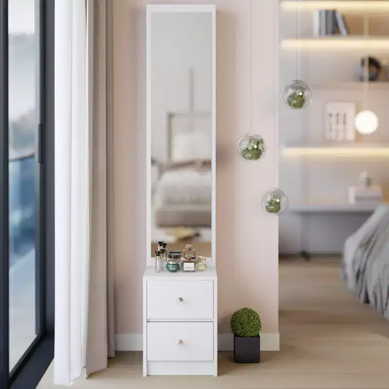11.8-Inch Minimalist Vanity Desk Set with Full-Length Mirror, Cabinet Storage for Bedroom, Space-Saving Design