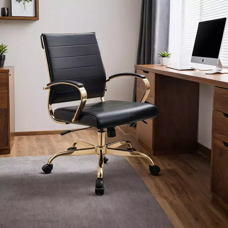 Leather Office Chair with Gold Accents, Adjustable Height and Swivel Base, Ergonomic Design for Home Office