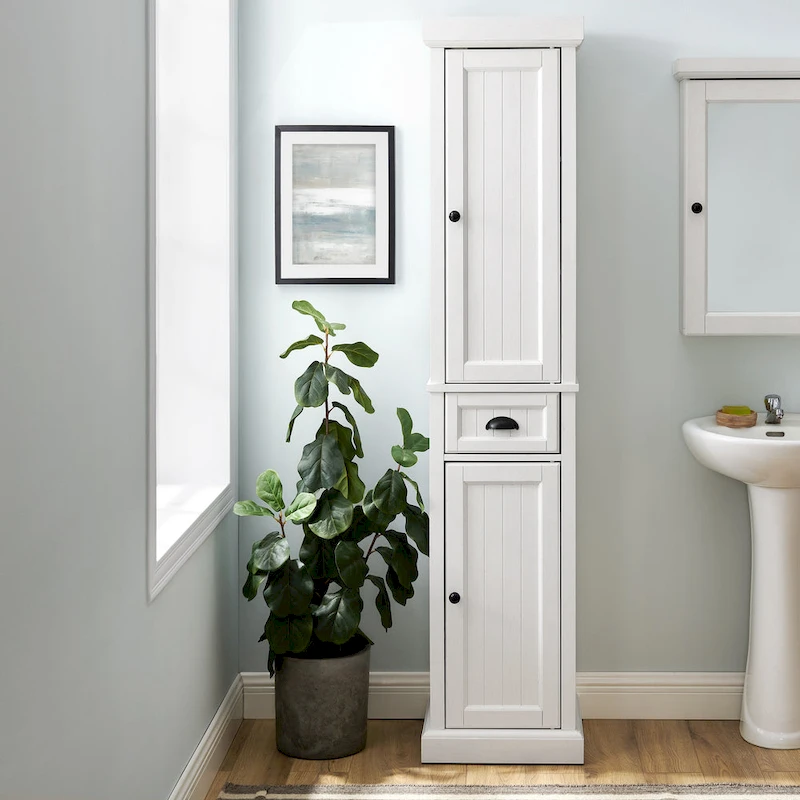 Crosley Seaside Tall Linen Cabinet Distressed White