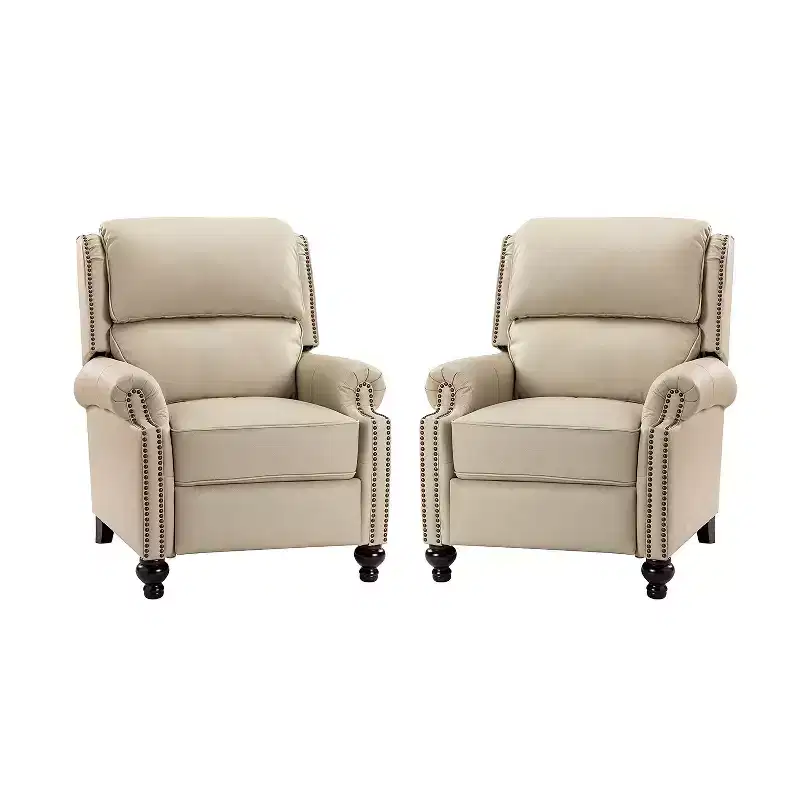 Set of 2 Elisabete Modern Wingback Genuine Leather Recliner with Vintage Nail Head Trim for Living Room and Bedroom| ART OF LIVING DESIGNS