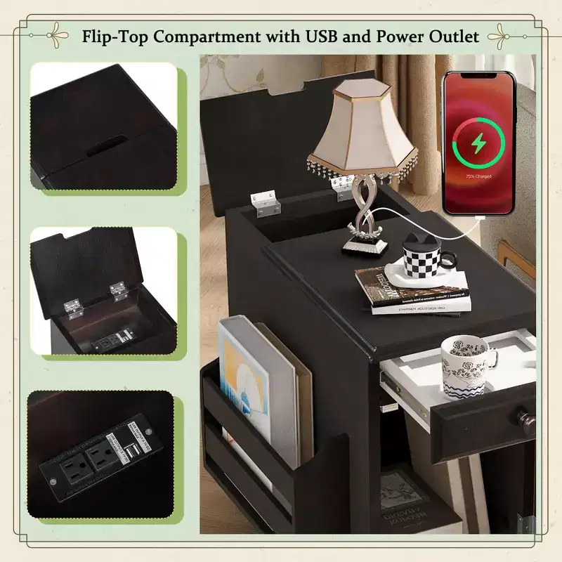 Side Table with Wheels, Modern End Table with USB Ports, Drawer, Cup Holders and Storage Space for Living Room, Bedroom