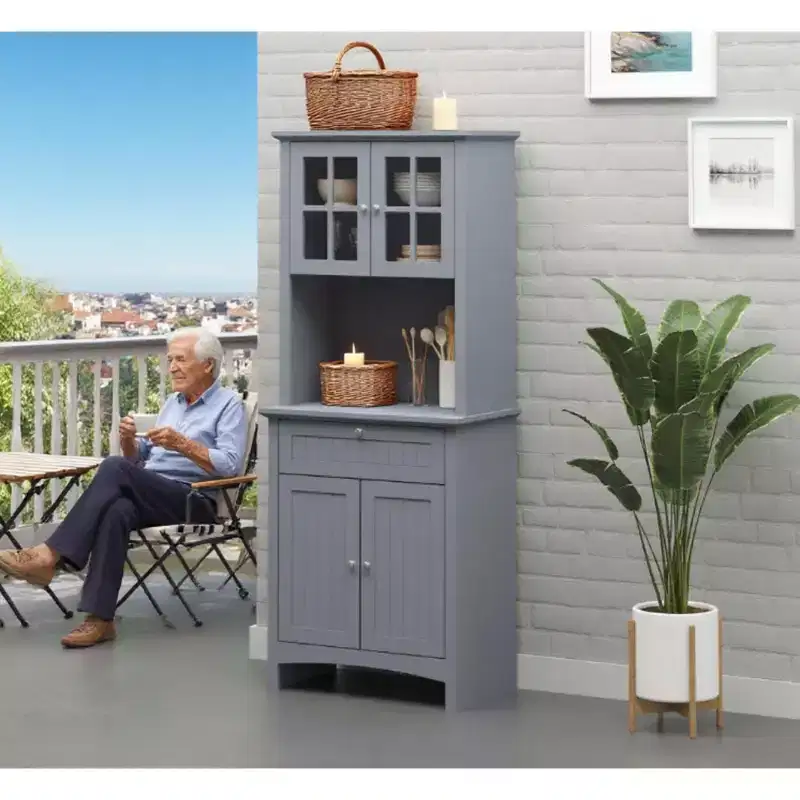 Modern 65 Wooden Kitchen Pantry Storage Cabinet with Glass Doors and Drawer