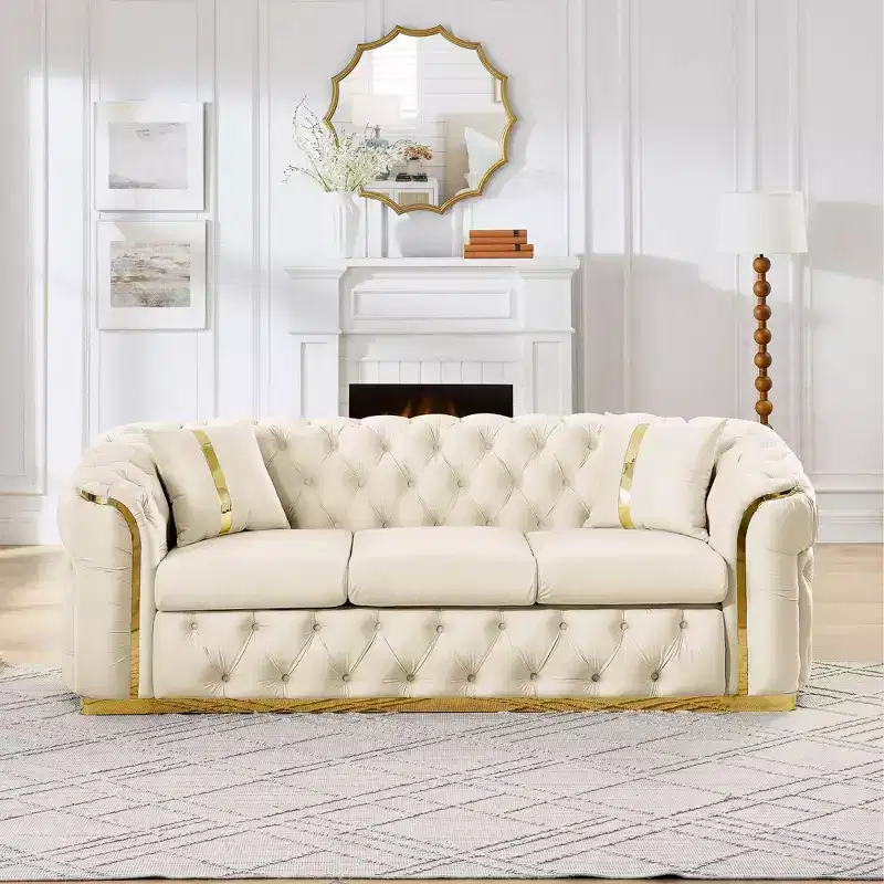 Luxurious 90.6 Inch Velvet Chesterfield Sofa with Button Tufting, Gold Accents, and 2 Pillows - Premium 280g Italian Velvet for Elegant Living Rooms