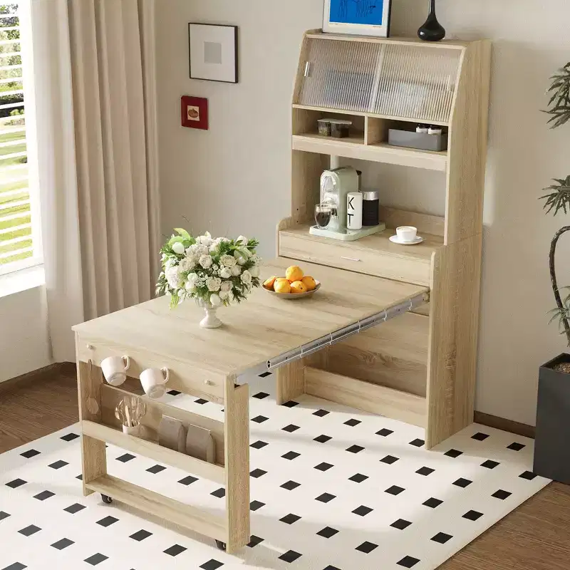 Versatile Buffet Hutch with Foldable Dining Table, Storage Shelf and Side Hooks