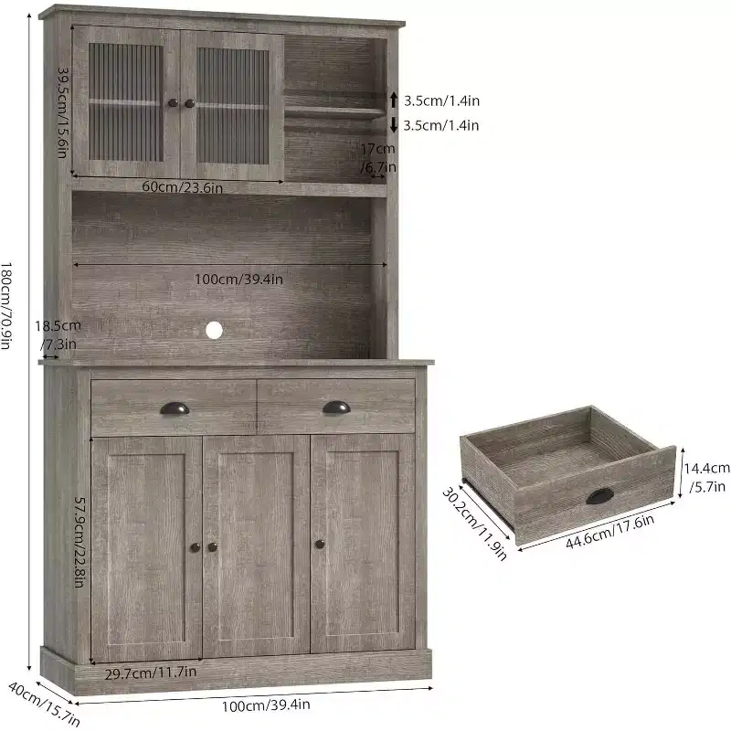 71 Tall Freestanding Pantry Cabinet with Microwave Stand, Drawers & Adjustable Shelves, Farmhouse Kitchen Hutch Storage Cabinet for Home