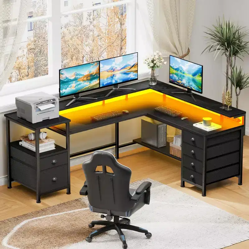 Black L-Shaped 2-Person Desk with LED Lights & Storage, 66.5