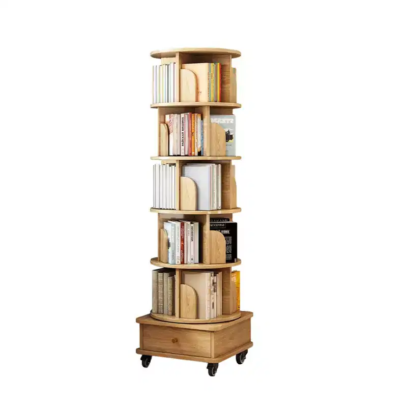 VIYET 68 6-Tier 360 Rotating Bookshelf, Wood Color MDF Tower w/ Wheels & Drawer (Space-Saving Storage for Home/Office)