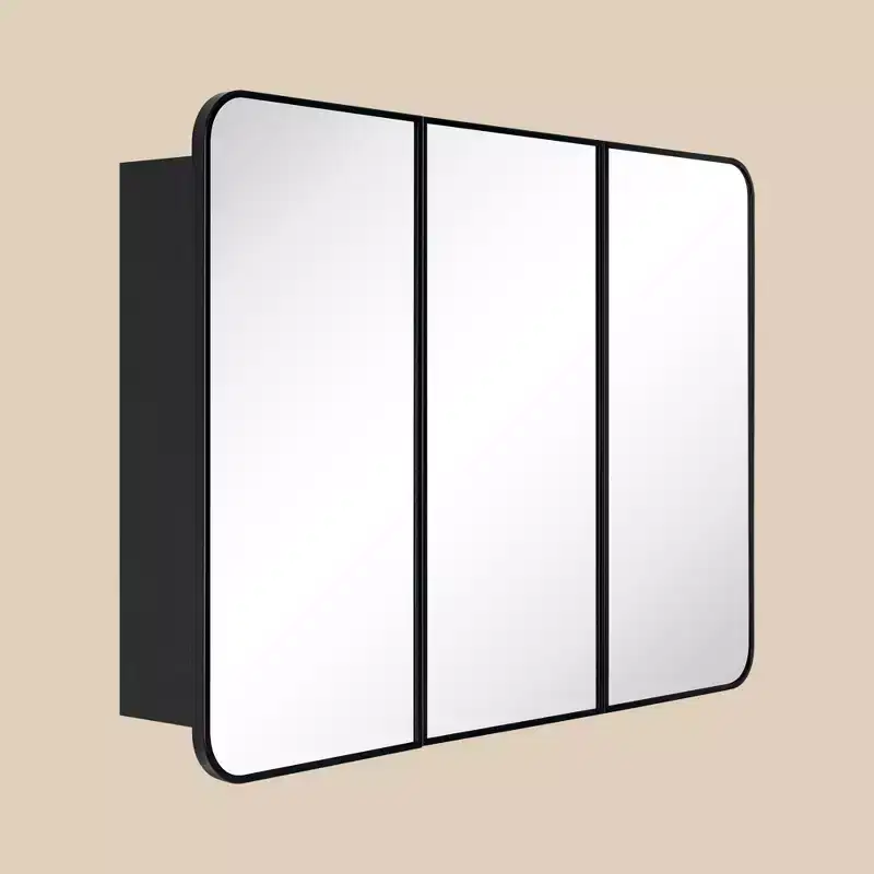 TEHOME Triple Door Bathroom Medicine Cabinet with Mirror, Black Metal Frame, Soft Close, Adjustable Glass Shelves, Surface & Recessed Mounted