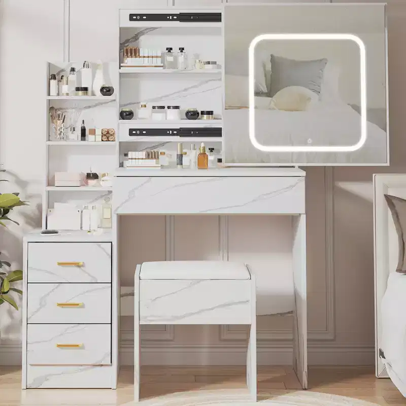 Vanity Desk with LED Lights, Makeup Vanity Desk with Sliding Mirror, Dressing Table with Drawers