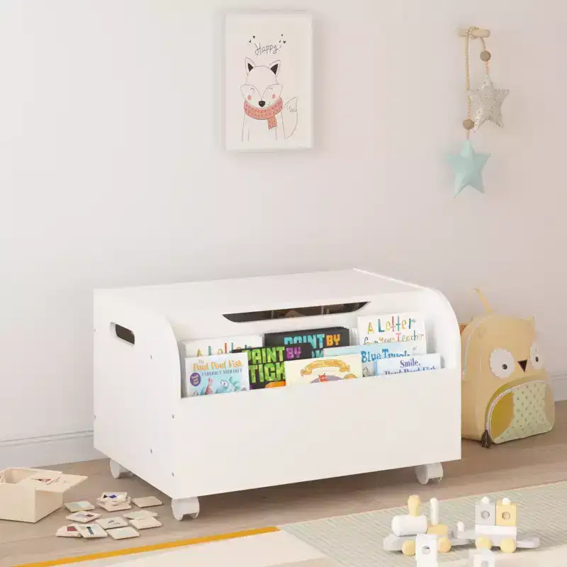 JVNOXK Wooden Toy Storage Bench with 4 Swivel Casters, Featuring Front Shelf, Flip-Top Lid, and Safety Hinges. Suitable for Playroom Organization