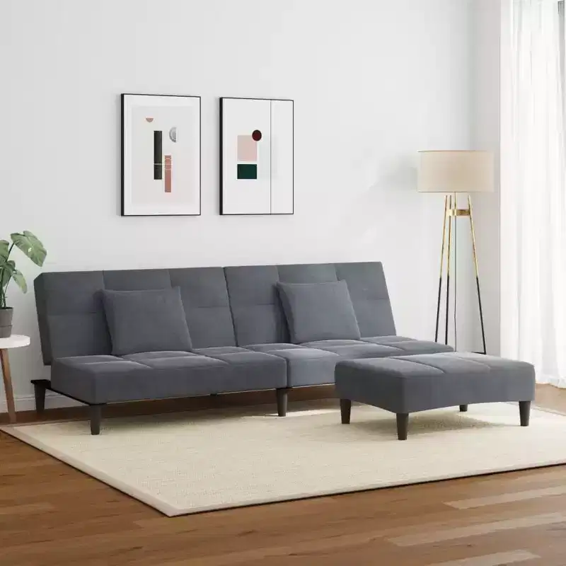 Dark Grey Velvet 2-Seat Convertible Sofa Bed with Ottoman