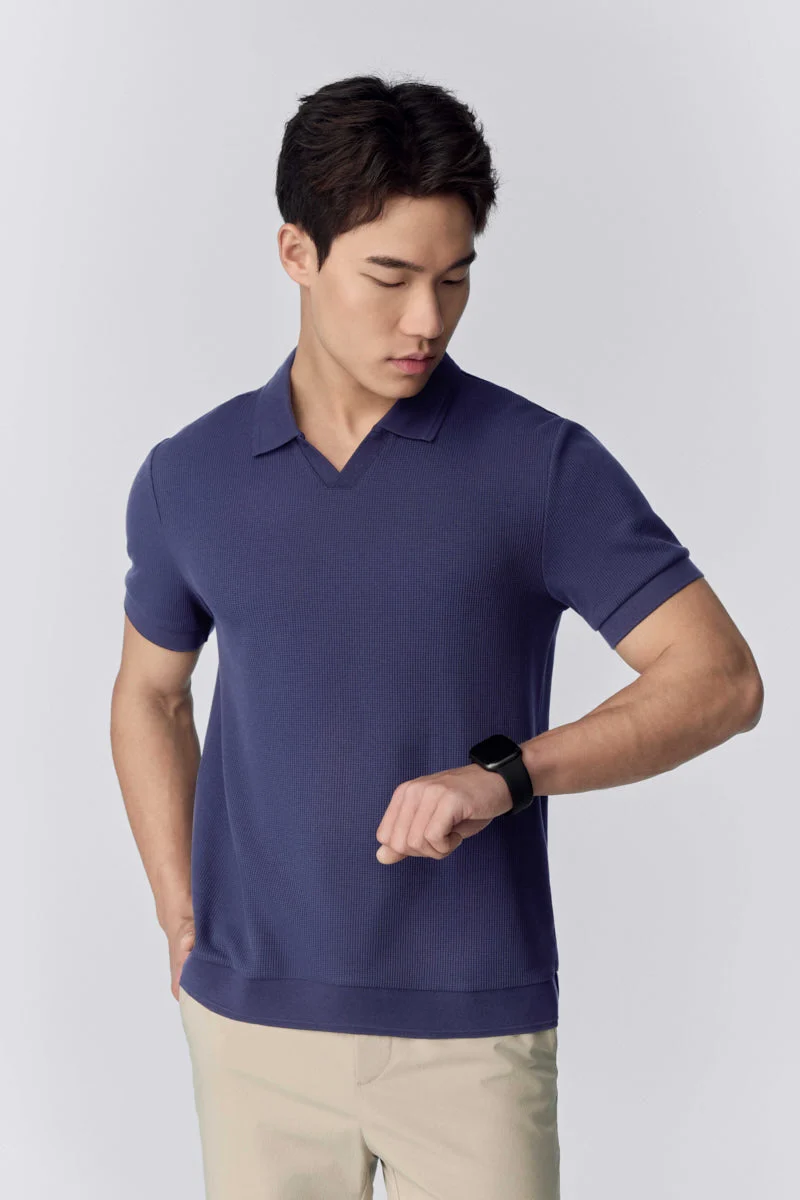Waffle-Knit Buttonless Polo – Ensign Blue