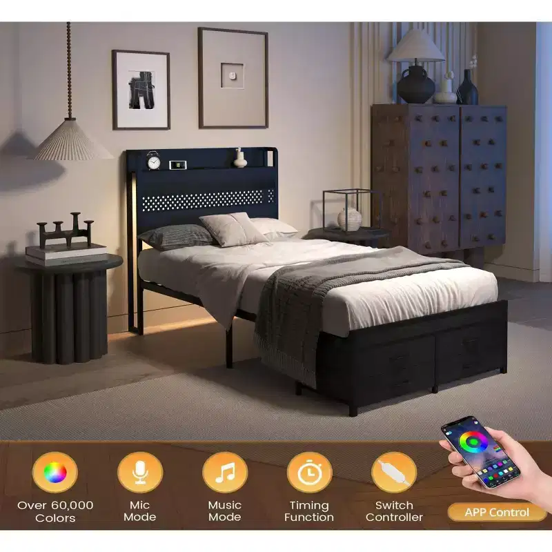Twin Size Platform Bed Frame with Storage Headboard, 4 Under-Bed Drawers, LED Light and Charging Station for Smart Bedroom Solution