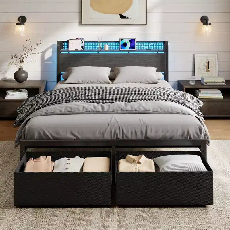 Queen Size Platform Bed Frame 2 Storage Drawers Headboard LED Lights Charging Station Heavy Duty Metal Wood No Box Spring Needed Guest Bedroom USB