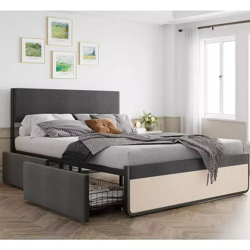 Full Bed Frame with Storage Drawers, Upholstered Platform Bed Frame with Metal Slats Support, Under Bed Storage, No Box Spring Needed, Noise Free