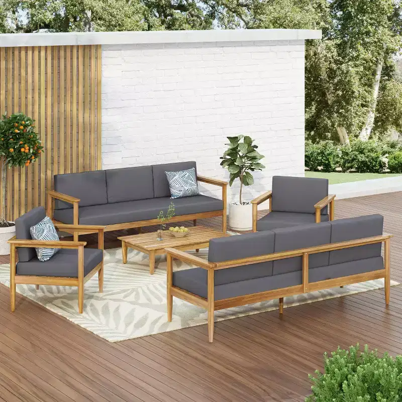 Magnolia 5pc Patio Acacia Wood Chat Set - Teak/Dark Gray - Christopher Knight Home: Modern Water-Resistant Conversation Set