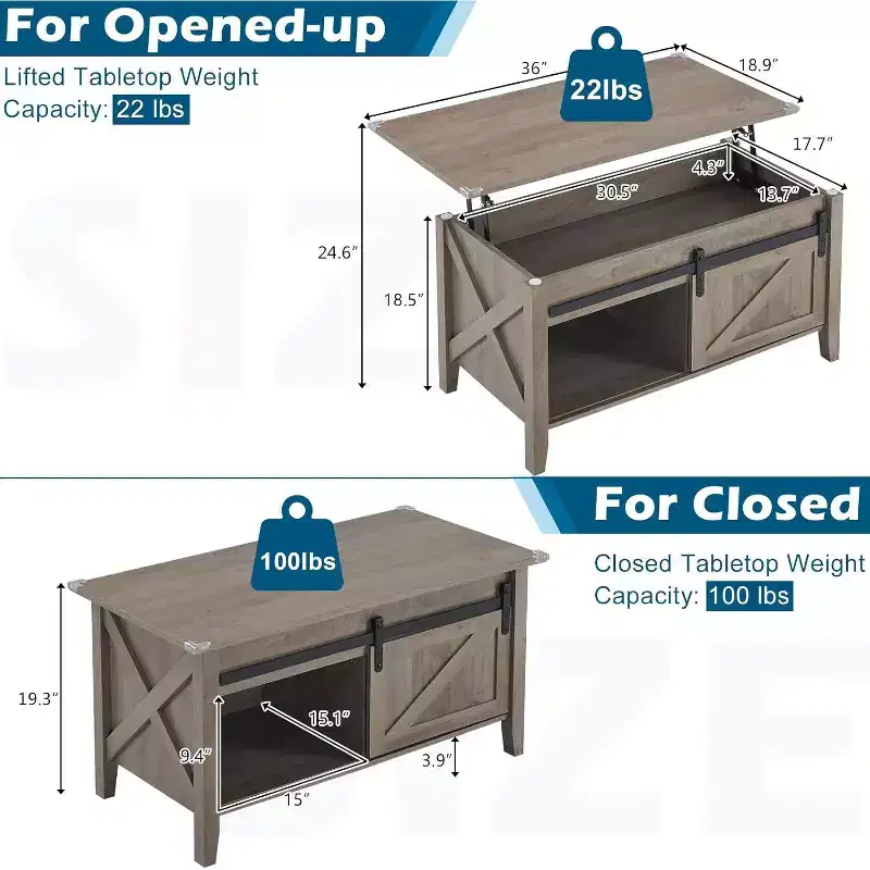 Gray Lift Top Coffee Table with Storage | Farmhouse Style | 1-Piece
