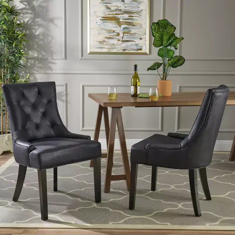 Set of 2 Traditional Microfiber Dining Chairs, Diamond Tufted Backrest, Dark Brown Legs