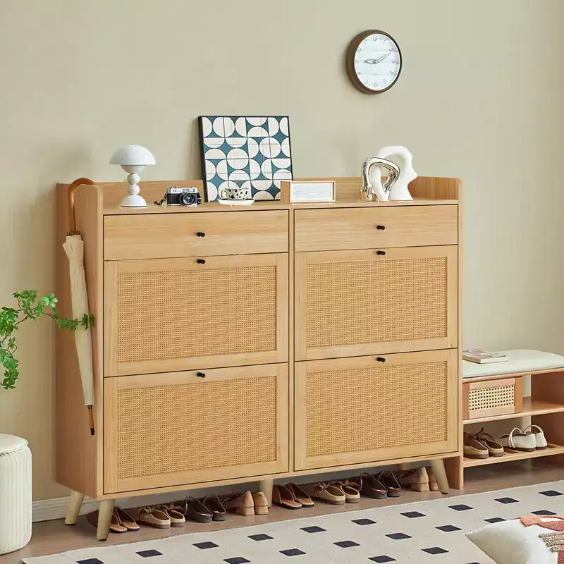 Rattan Shoe Cabinet Storage, Shoe Organizer Cabinet with 4 Flip Drawers, Hidden Shoe Storage Free Standing Wood Shoe Cabinet