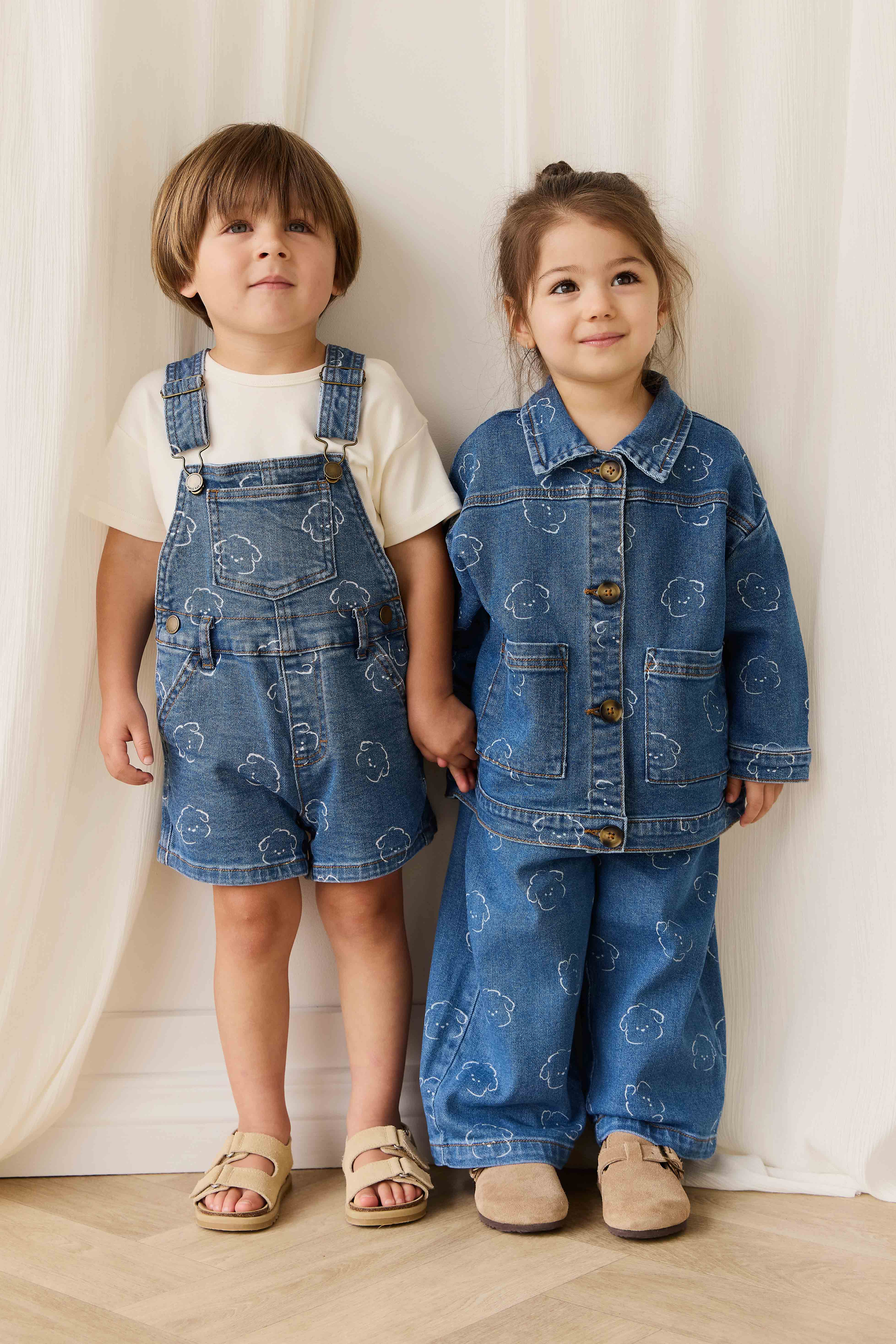 Summer Blue Denim Cloud-Print Cotton Short Overall with Adjustable Straps & Snap Buttons for Kids 6M–8Y