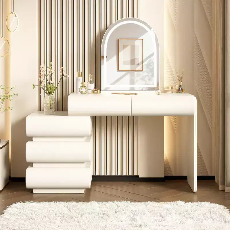 Whisen Luxury Makeup Vanity Desk, Dressing Table Vanity with Mirror, Movable Side Cabinet, 6 Drawers Storage and Stool