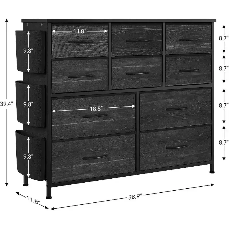 10-Drawer Multifunctional Dresser Tower with Fabric Pockets, Hooks & Waterproof Top