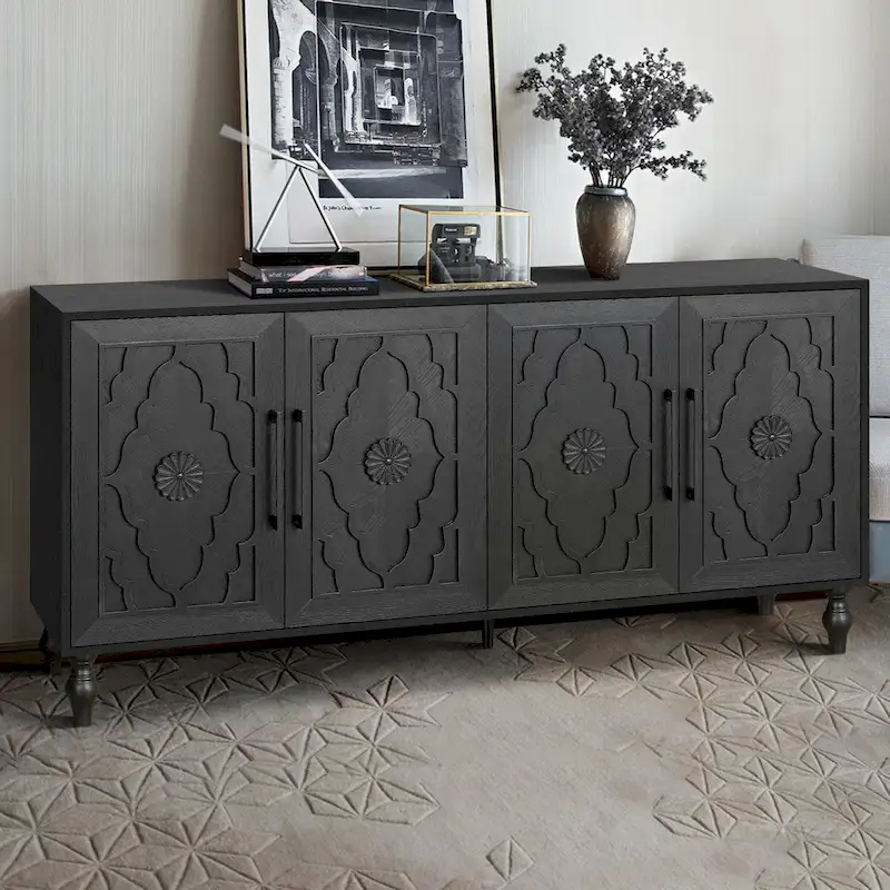 Large Storage Cabinet with Carved Flower Doors and Metal Handles