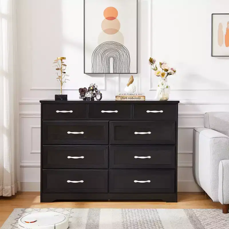 Okak Bedroom Dresser Nightstand w 9 Long Drawers & Antique Handles Wood Storage Chest Cabinet for Living Room Hallway Entry Kids Room