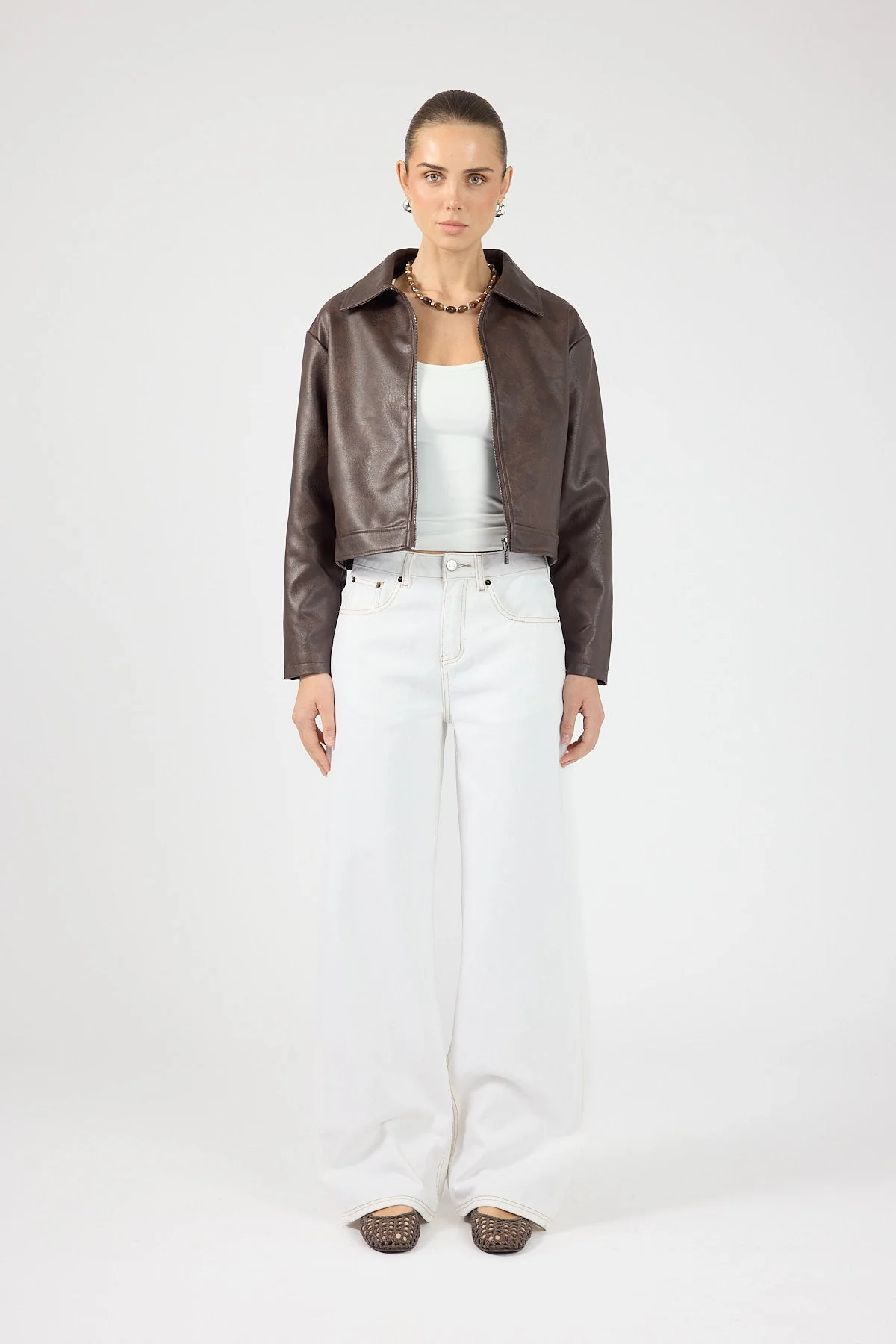 Faux Leather Zip Up Jacket Dark Brown