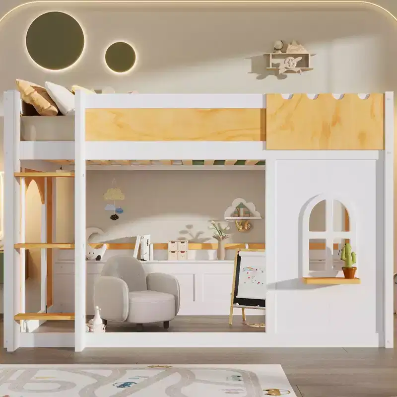Twin Over Twin/Full Over Full Bunk Bed with Storage Shelves, Wooden Twin/Full Size Bunk Bed Frame with Window & Two Doors