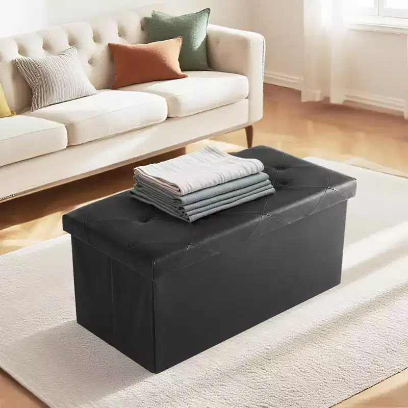 Modern Synthetic Leather Button Tufted Ottoman Bench with Foldable Storage, Upholstered Storage Bench for Living Room, Bedroom
