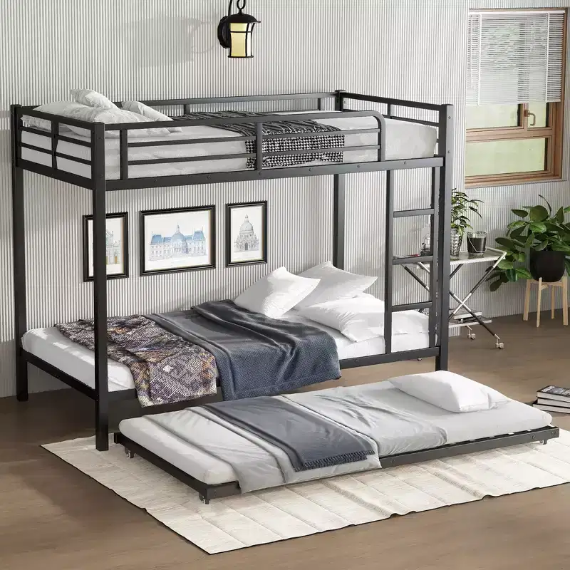 Twin XL Over Twin XL Bunk Bed with Trundle, Heavy-Duty Metal Frame, Guardrails, Noise-Free, Black