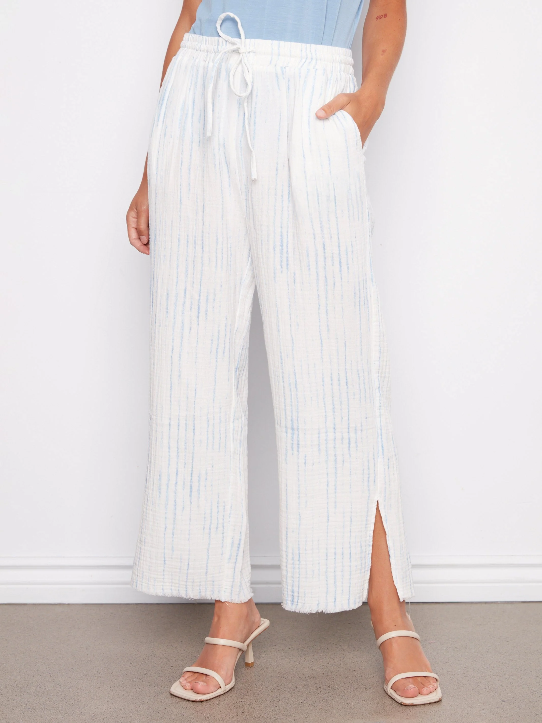 Bubble Cotton Printed Drawstring Pants - Stripes