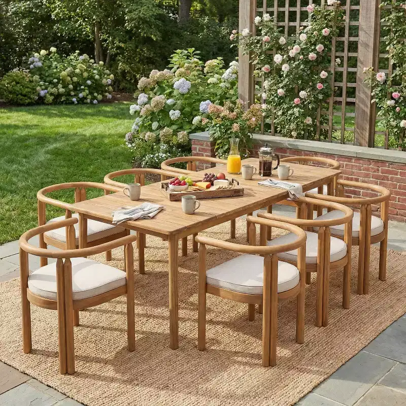 Christopher Knight Home Farah Rustic 9 Piece Patio Acacia Wood Dining Set with Slatted Tabletop and Cushions