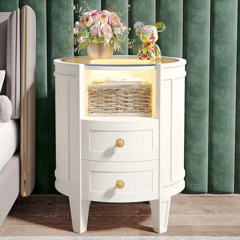 Round Nightstand with 2 Drawers, LED Light and Open Shelf – 25.5 Inch Tall