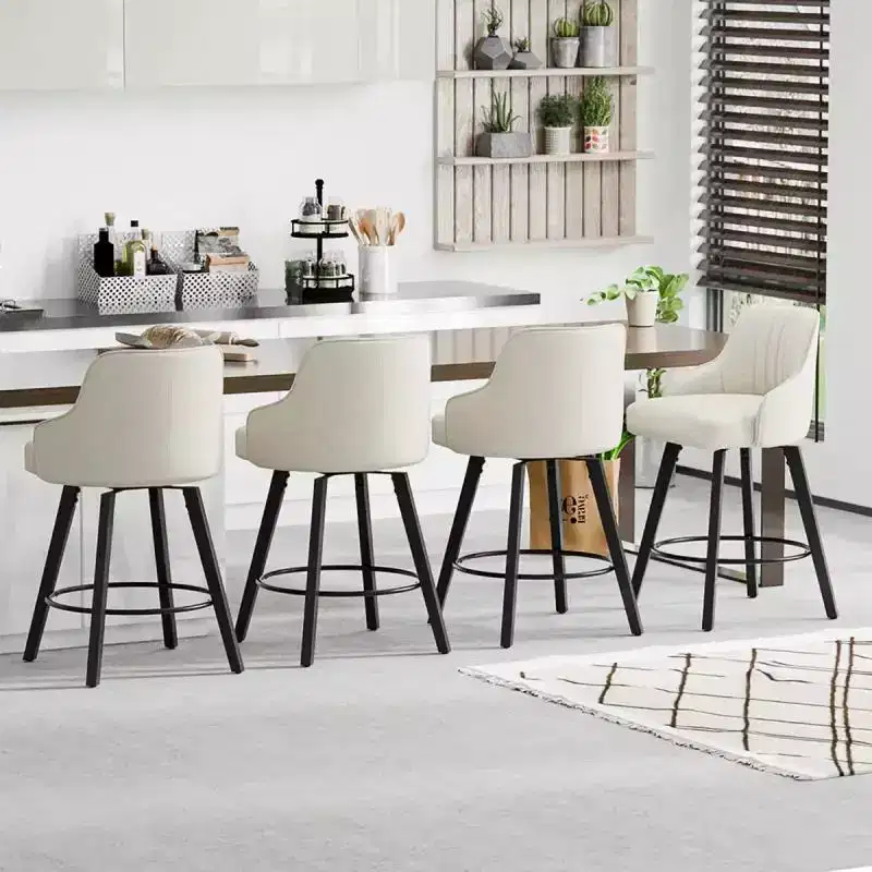 Thick Padded Cushion Wood Legs Modern Bar Stool With 360 Rotation