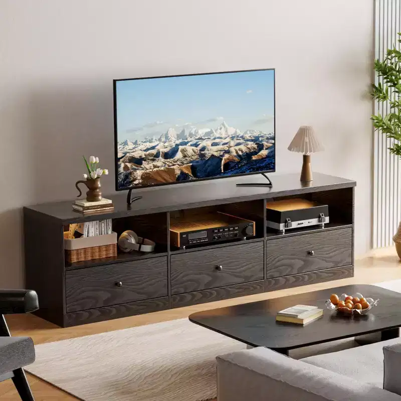 GustoWave Black TV Stand for up to 80 Inch TVs, Modern Media Console Table with 3 Drawers & 3 Open Shelves for Living Room Bedroom