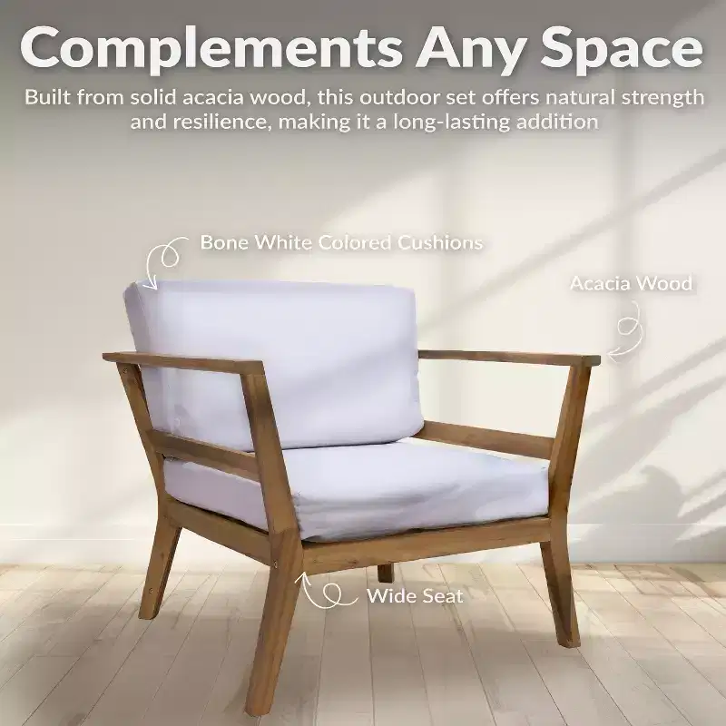 Sunnydaze Bodie Acacia Wood Patio Armchair with Bone White Cushions - Natural