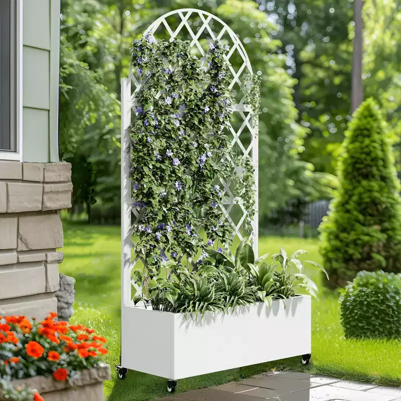 Iron Trellis Screen with Planter Box – 72x35x16in, 3-Panel Set