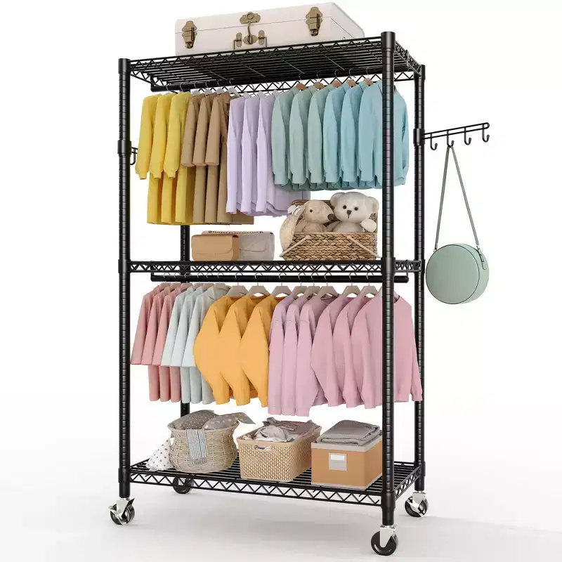 3 Tier Clothes Rack with Wheels, Heavy Duty Garment Rack with 2 Hanging Rod, Freestanding Closet Organizer for Bedroom Living Room