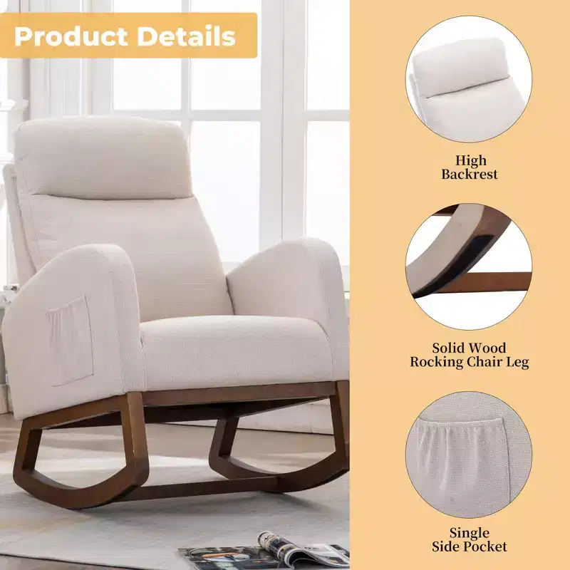 Okak Upholstered Rocking Accent Chair with Wood Legs & Side Pocket,Comfy Lounge Chair for Living Room,Bedroom