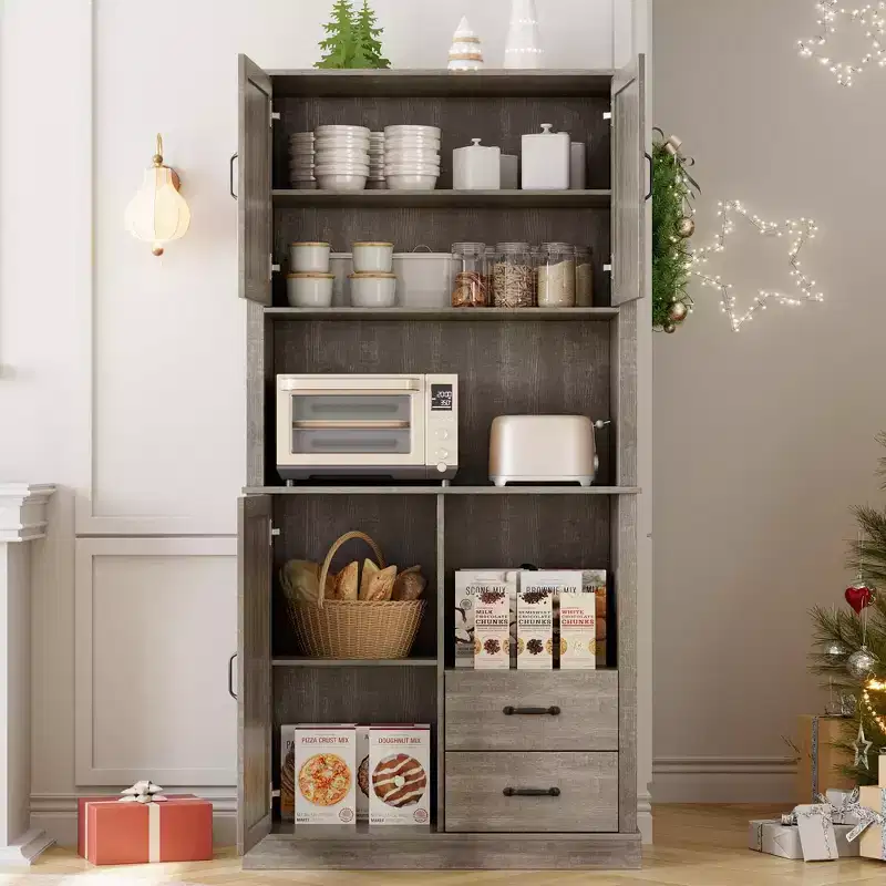 Tall Freestanding Pantry Cabinet with 2 Drawers, 3 Cabinet Doors and Open Microwave Shelf