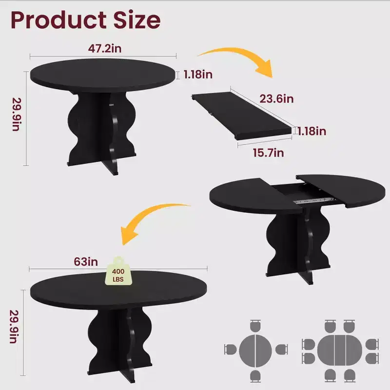 63 Extendable Round Dining Table for 4-8, Farmhouse Wood Oval Kitchen Table, Thick Top, Wider Wavy Leg, Circle, for Dinner, Dining, Apartment