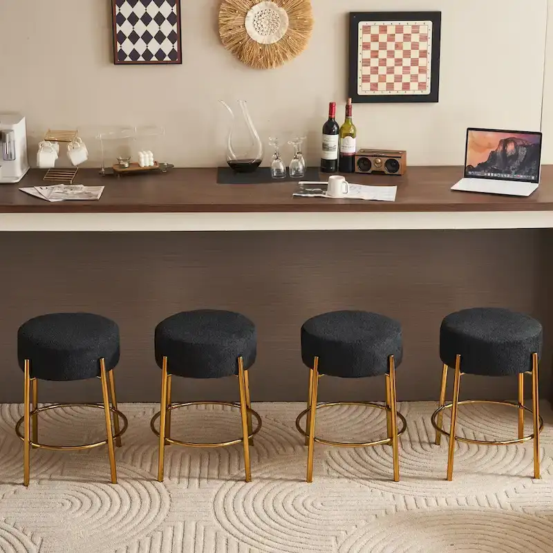 Round Bar Stools Set of 2, Upholstered Kitchen Stools with Metal Base, Counter Height Bar Stools with Backless